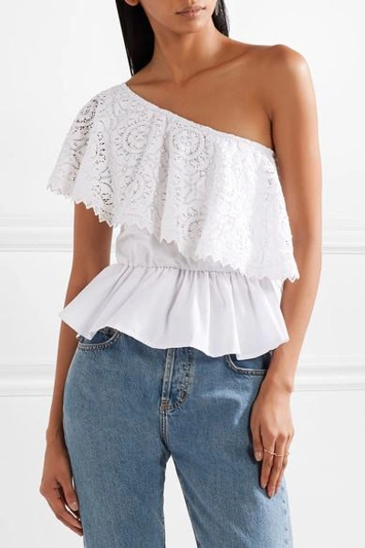 Shop Place Nationale Le Cannet One-shoulder Lace And Cotton-poplin Top In White