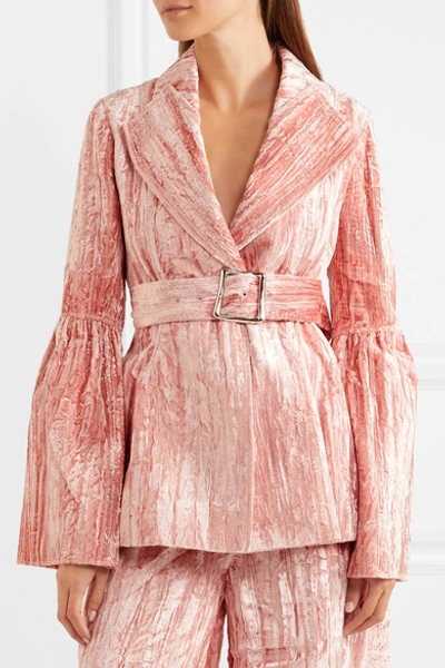 Shop Rejina Pyo Claire Belted Crushed-velvet Jacket In Pink