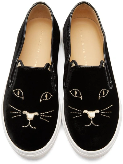 Shop Charlotte Olympia Black Velvet Cool Cats Slip-on Sneakers