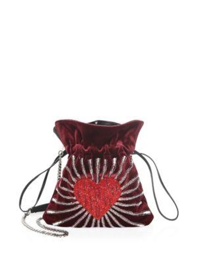 Les Petits Joueurs Trilly Heart Velvet Pouch Bag In Red-multi