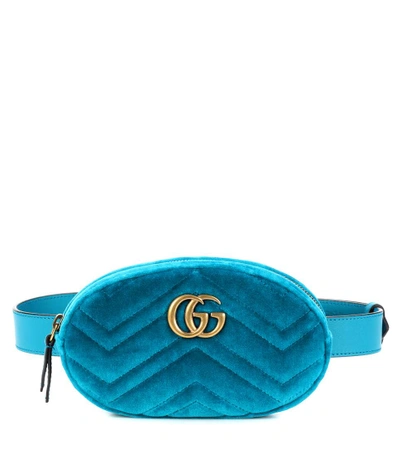 Shop Gucci Marmont Velvet Belt Bag In Blue