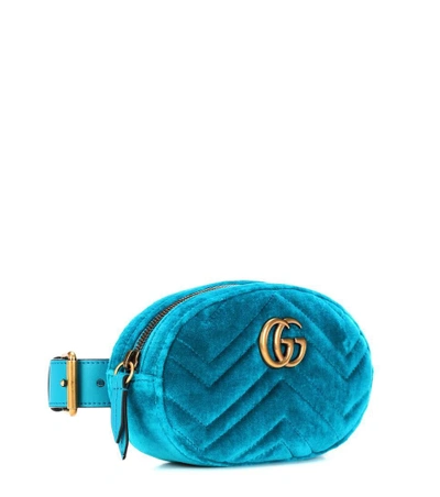 Shop Gucci Marmont Velvet Belt Bag In Blue