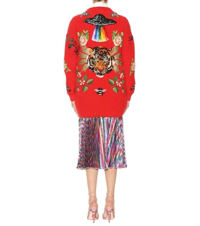Shop Gucci Embroidered Wool Cardigan In Red