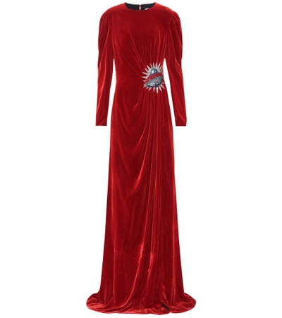 Gucci Ufo Embroidered Velvet Gown In Red