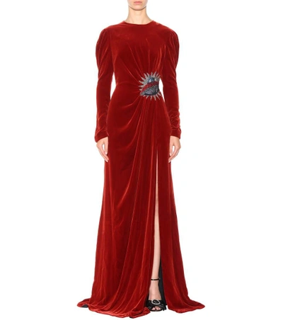Shop Gucci Embellished Velvet Gown In Red