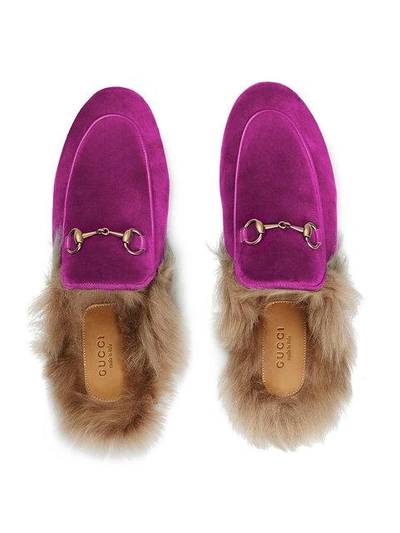 Shop Gucci Pink Princetown Velvet Fur Lined Mules
