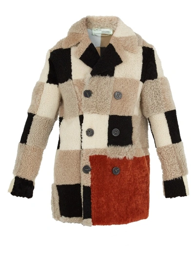 Off-white Surreal Check Patchwork Shearling Coat In Beige