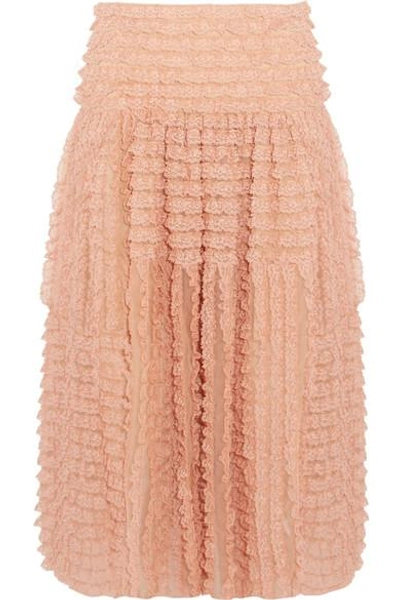 Shop Chloé Ruffled Lace-trimmed Silk-organza Midi Skirt In Peach