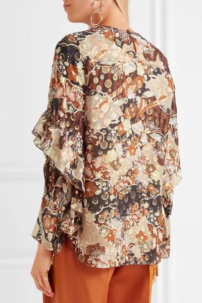 Shop Chloé Printed Metallic Fil Coupé Silk-georgette Blouse In Peach