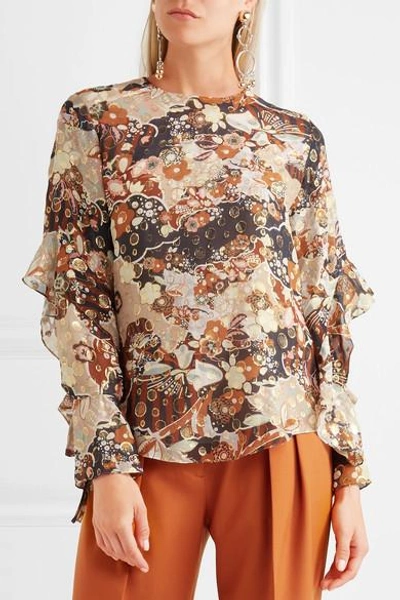 Shop Chloé Printed Metallic Fil Coupé Silk-georgette Blouse In Peach