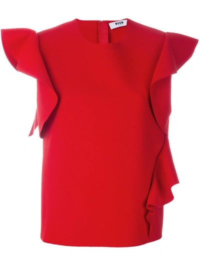 Msgm Ruffle-sleeve Jewel-neck Ponte Top In Red