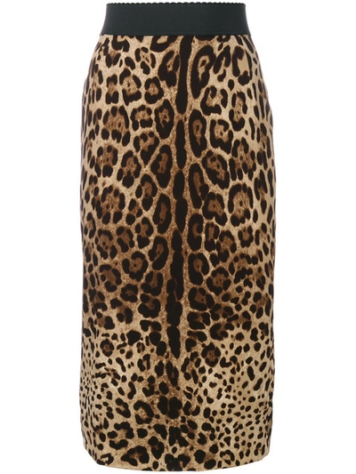 Dolce & Gabbana Leopard Print Stretch Silk Pencil Skirt In Brown