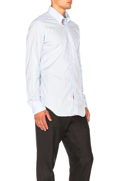 Shop Thom Browne Classic Poplin Button Down With Ribbon Placket In Blue. In Light Blue