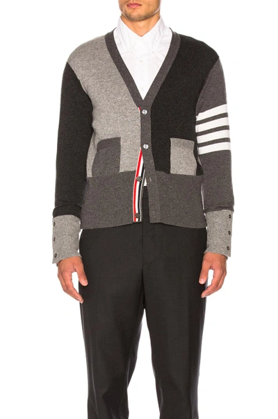 Shop Thom Browne Color Blocked Bar Stripe V-neck Cardigan In Gray