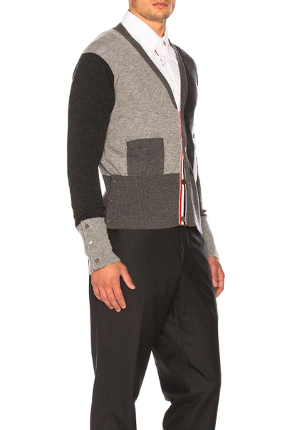 Shop Thom Browne Color Blocked Bar Stripe V-neck Cardigan In Gray