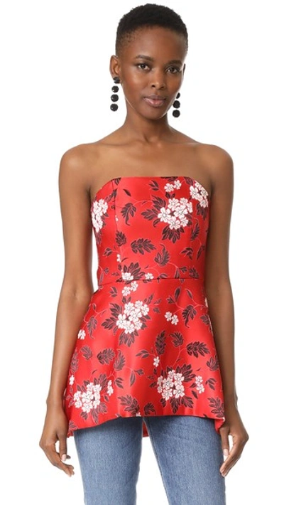 Alice And Olivia Duncan Strapless High Low Peplum Top In Ruby/multi