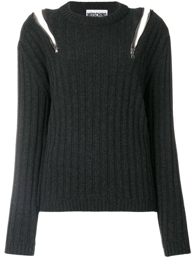 Moschino Zip-embellished Ribbed-knit Sweater In Grey