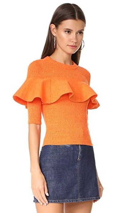 Shop Apiece Apart Cropped Ribbed Ruffle Sweater In Orange Marl