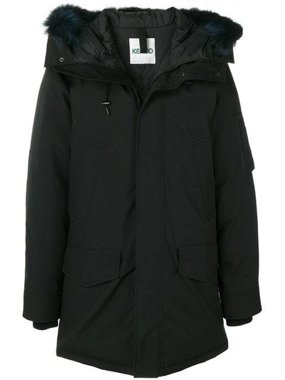 Shop Kenzo Racoon Fur Trim Hooded Coat - Black