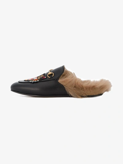 Shop Gucci Tiger Patch Princetown Fur Lined Mules In Black