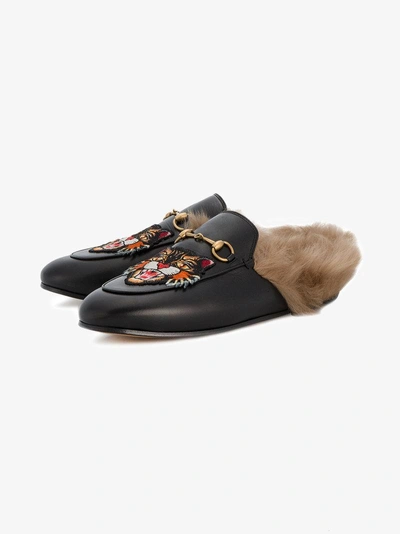 Shop Gucci Tiger Patch Princetown Fur Lined Mules In Black