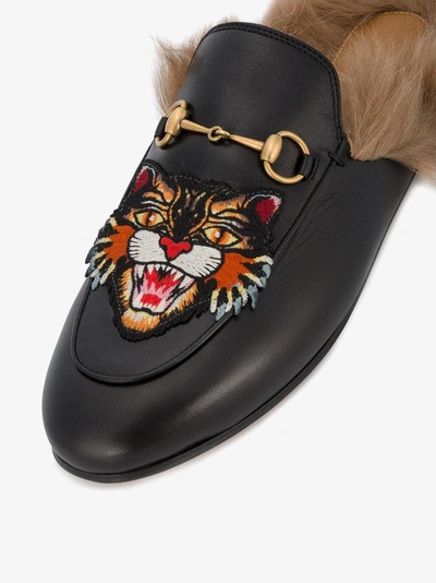 Shop Gucci Tiger Patch Princetown Fur Lined Mules In Black
