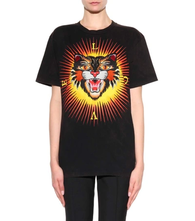 Shop Gucci Embroidered Cotton T-shirt In Black