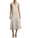 CATHERINE DEANE CAP-SLEEVE TIERED LACE MIDI DRESS, SILVER