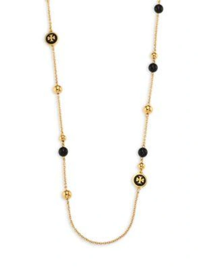 Shop Tory Burch Raised Logo Rosary Necklace In Gold-multi
