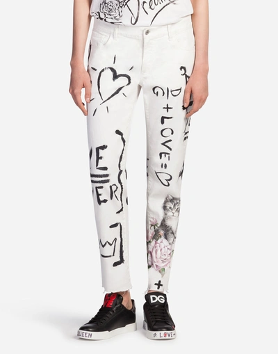 Dolce & Gabbana White Handwritten Print Boyfriend Jeans
