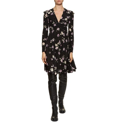 Shop Valentino Floral V-neck Dress In Black