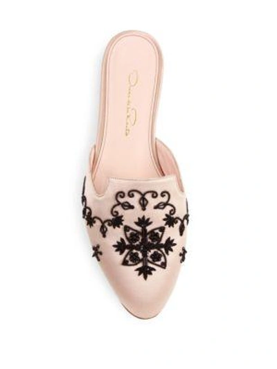 Shop Oscar De La Renta Embroidered Satin Flat Mules In Nude