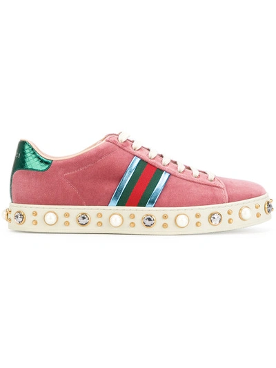 Gucci New Ace Faux-pearl Embellished Velvet In Pink | ModeSens