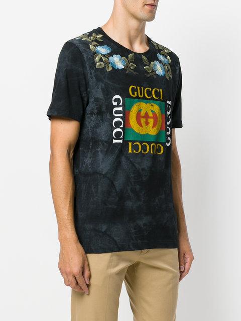 Gucci T-shirt Pure Cotton T-shirt With Logo Print And Floral Embroidery ...
