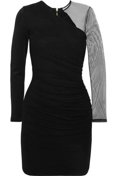 Shop Balmain Tulle-paneled Stretch-jersey Mini Dress