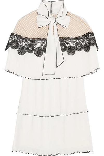 Shop Self-portrait Pussy-bow Pleated Gazar And Guipure Lace Mini Dress In White