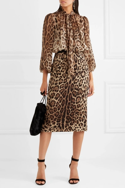 Shop Dolce & Gabbana Leopard-print Stretch-silk Pencil Skirt