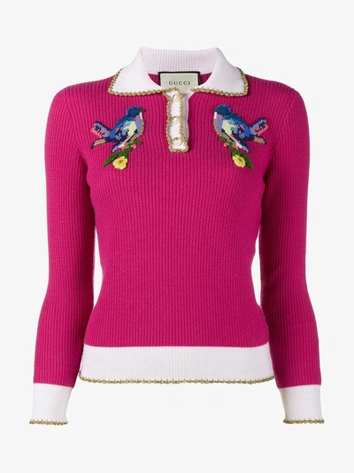 Shop Gucci Bird Embroidered Knitted Polo Top In Pink/purple