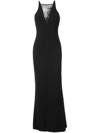 Halston Heritage Sleeveless Crepe Column Gown W/ Embroidery Detail In Black