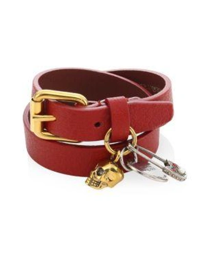 Alexander Mcqueen Safety Pin Double-wrap Leather Bracelet In Strawberry