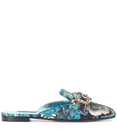 Shop Dolce & Gabbana Embellished Jacquard Slippers In Turquoise