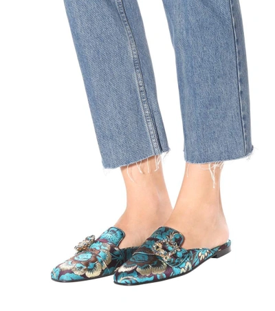 Shop Dolce & Gabbana Embellished Jacquard Slippers In Turquoise