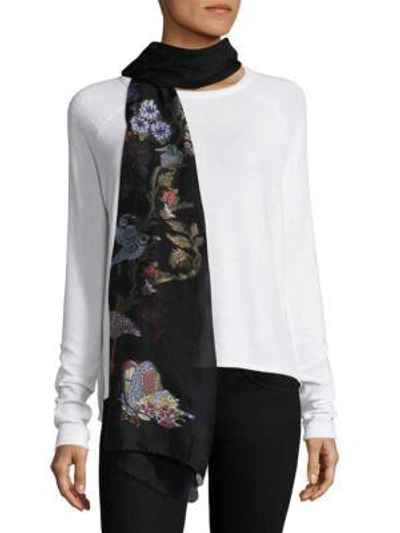 Etro Bird & Floral Embroidered Scarf In Black-multi