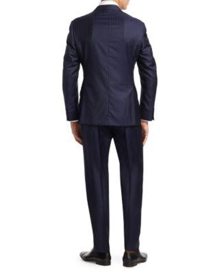 Shop Armani Collezioni Slim-fit Tonal Striped Wool Suit In Blue Grey