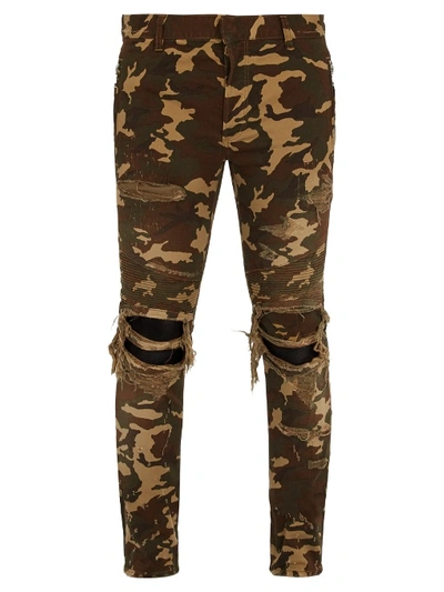 Balmain Distressed Camouflage-print Skinny Biker Jeans In Colour:  Tonal-green And Brown | ModeSens
