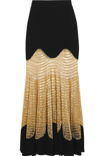 Shop Alexander Mcqueen Metallic Open Knit-paneled Ribbed Wool-blend Maxi Skirt