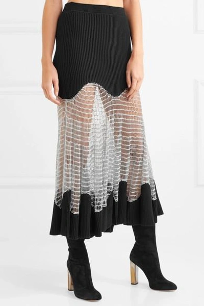 Shop Alexander Mcqueen Metallic Open Knit-paneled Ribbed Wool-blend Maxi Skirt