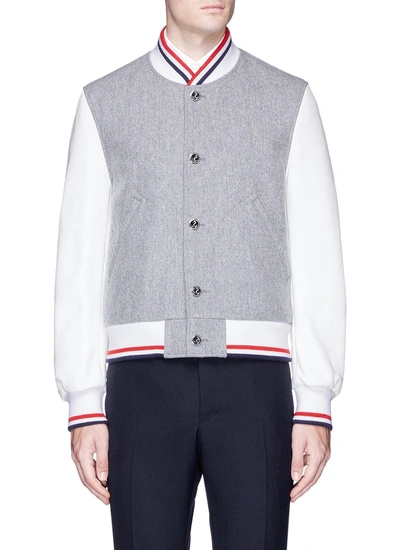 Thom Browne Leather Sleeve Wool Melton Varsity Jacket