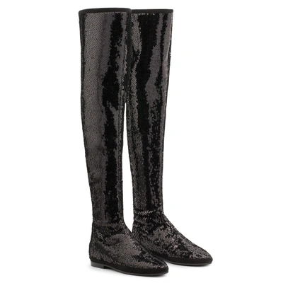 Shop Giuseppe Zanotti - Black Fabric Cuissard Boot With All Over Sequins Candle
