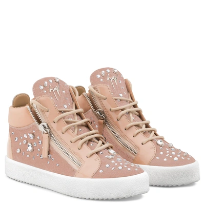 Shop Giuseppe Zanotti - Pink Velvet Mid-top Sneaker With Crystals The Dazzling Kriss